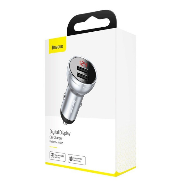 Zdjęcie produktu: Ładowarka samochodowa Baseus 2x USB, 4,8A, 24W z wyświetlaczem natężenia/napięcia - srebrna (CCBX-0S)