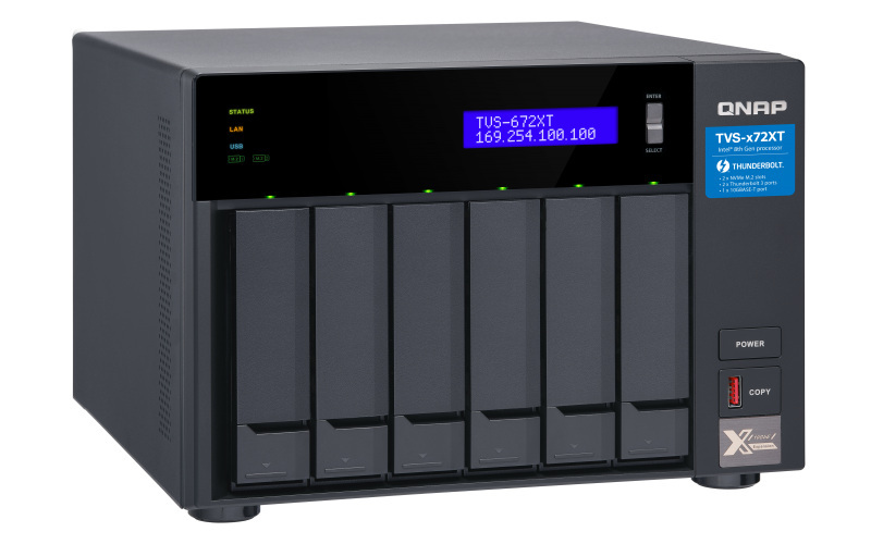 Serwer plików QNAP TVS-672XT-i3-8G 6-Bay, Intel Core i3-8100T 4-core 3.1 GHz, 8 GB RAM DDR4, 1x 10 GbE, 2x GbE, 2x M.2 2280 PCIe, 5x USB 3.2, HDMI 2.0, 2 xThunderbolt 3 Serwer plików QNAP TVS-672XT-i3-8G 6-Bay, Intel Core i3-8100T 4-core 3.1 GHz, 8 GB RAM DDR4, 1x 10 GbE, 2x GbE, 2x M.2 2280 PCIe, 5x USB 3.2, HDMI 2.0, 2 xThunderbolt 3
