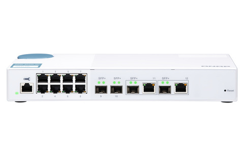 Miniatura produktu: Qnap QSW-M408-2C 12-portowy przełącznik 2x 10GbE SFP+, 2x 10GbE SFP+/RJ45, 2x 10GbE BASE-T (RJ45), 8x 1GbE (RJ45) zarządzalny