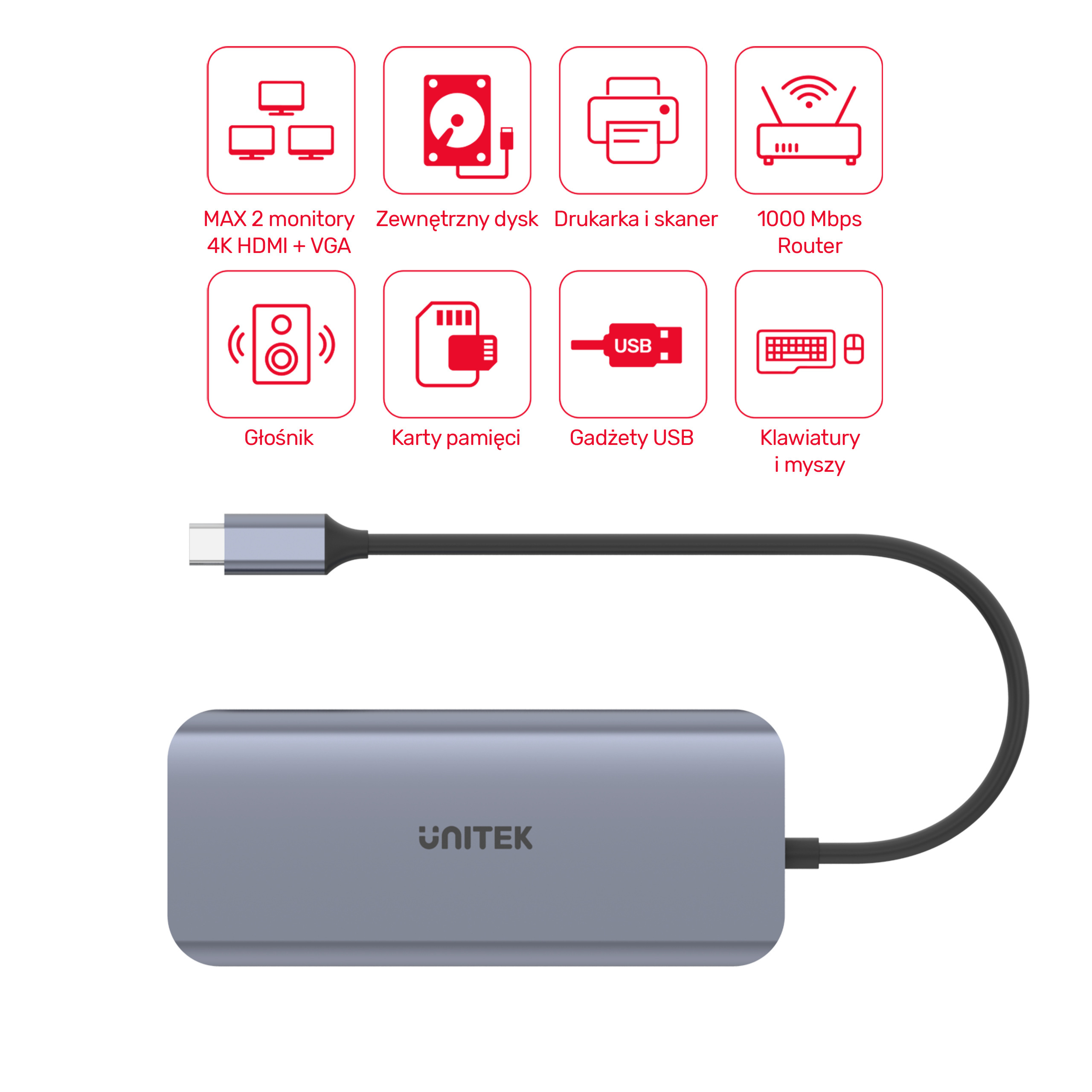 HUB USB TYP-C 3x USB 3.1 PD HDMI SD VGA RJ45 Unitek (D1026B)