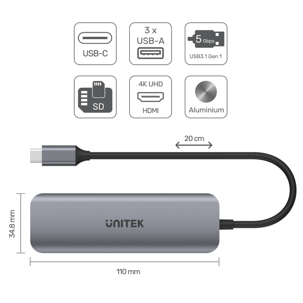 Zdjęcie produktu: Unitek HUB USB TYP-C 3 x USB 3.1 Gen 1 HDMI SD microSD (H1107F)