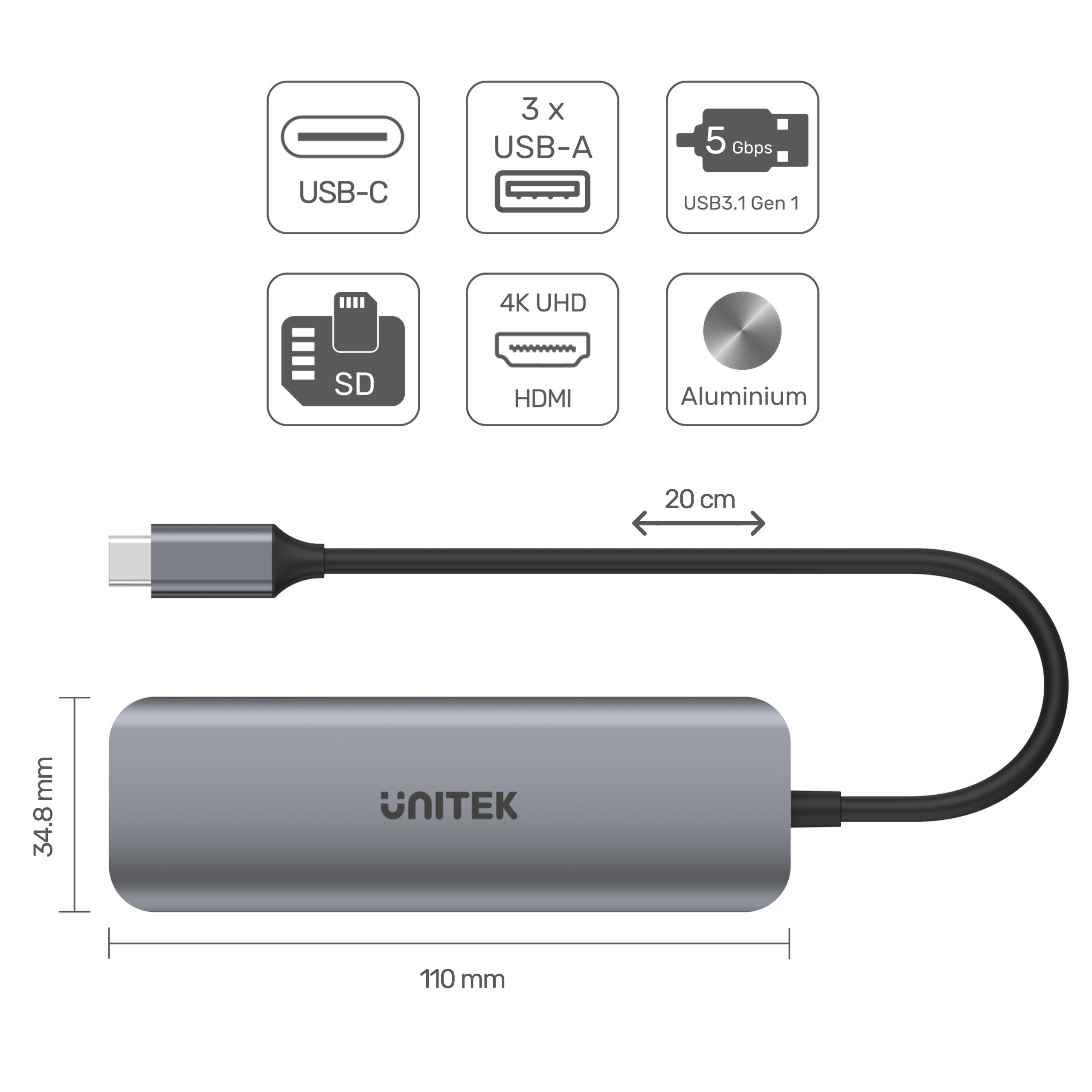 Unitek HUB USB TYP-C 3 x USB 3.1 Gen 1 HDMI SD microSD (H1107F)