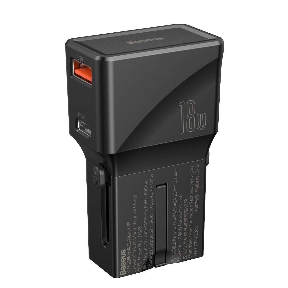 Ładowarka sieciowa Baseus uniwersalna, QC 3.0, PD, USB + USB TYP-C, 100-240V, 18W, EU/US/UK/AU (czarna) (CCTY-01)