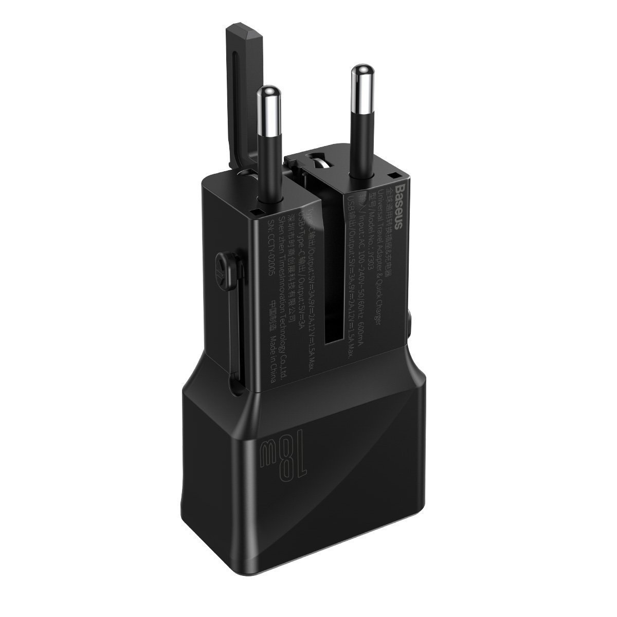 Ładowarka sieciowa Baseus uniwersalna, QC 3.0, PD, USB + USB TYP-C, 100-240V, 18W, EU/US/UK/AU (czarna) (CCTY-01)