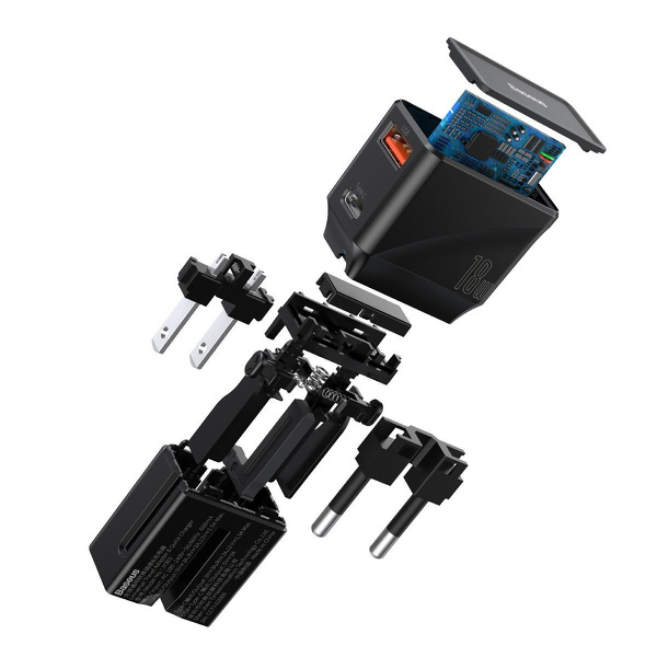 Zdjęcie produktu: Ładowarka sieciowa Baseus uniwersalna, QC 3.0, PD, USB + USB TYP-C, 100-240V, 18W, EU/US/UK/AU (czarna) (CCTY-01)
