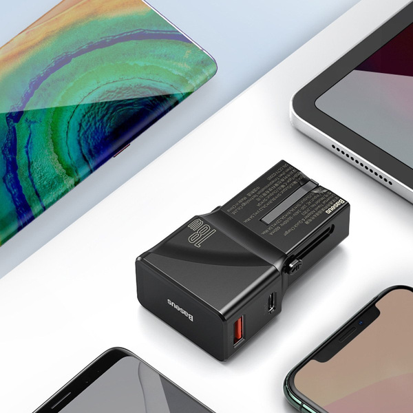 Zdjęcie produktu: Ładowarka sieciowa Baseus uniwersalna, QC 3.0, PD, USB + USB TYP-C, 100-240V, 18W, EU/US/UK/AU (czarna) (CCTY-01)