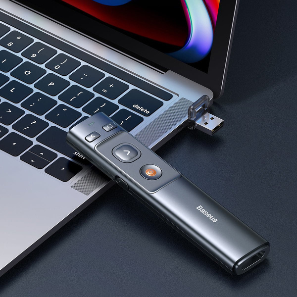 Zdjęcie produktu: Wielofunkcyjny pilot Baseus Orange Dot do prezentacji, ze wskaźnikiem laserowym z bateriami (szary) (ACFYB-0G)