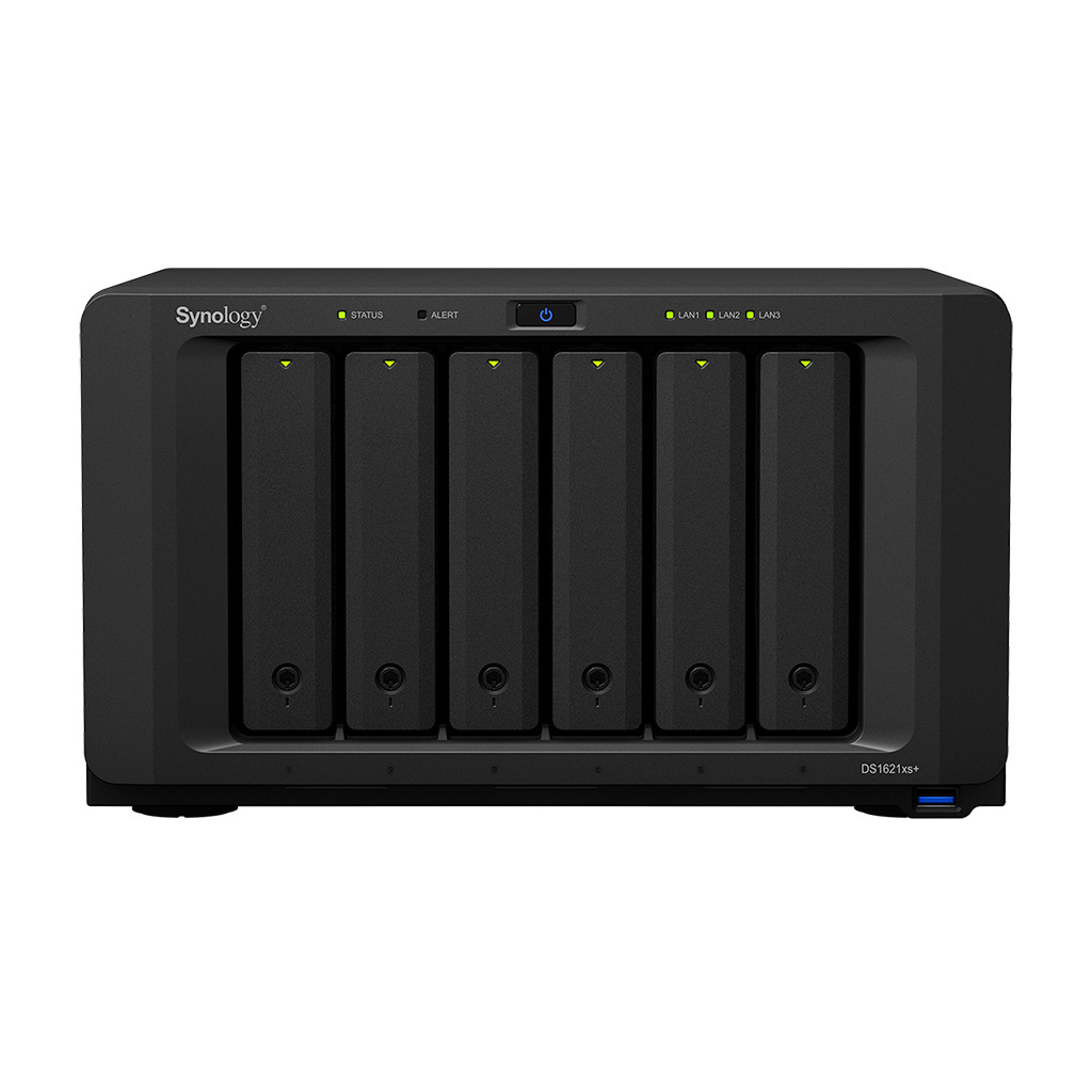 Serwer plików Synology DS1621xs+ 6-bay, SATA 6G, Intel Xeon D-1527 4-core 2.2/2.7GHz, 8 GB DDR4 ECC, 2x M.2 (NVMe), 1x 10Gbe RJ45 LAN, 2xGbE LAN, 3x USB 3.0, 2x eSATA, 1 x PCIe Gen3 x8