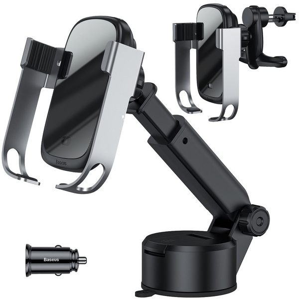 Zdjęcie produktu: Samochodowy uchwyt grawitacyjny do telefonu Baseus Rock-solid z ładowarką indukcyjną Qi 10W 5 w 1 - srebrny (WXHW01-B0S)