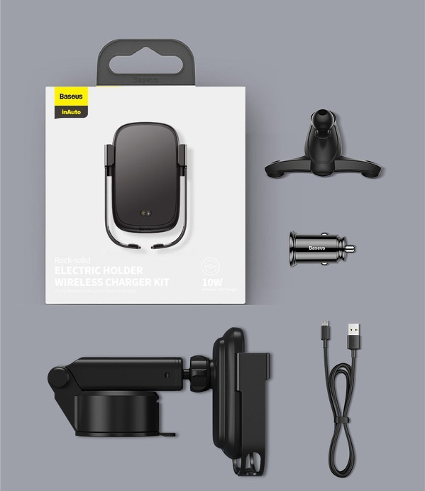 Zdjęcie produktu: Samochodowy uchwyt grawitacyjny do telefonu Baseus Rock-solid z ładowarką indukcyjną Qi 10W 5 w 1 - srebrny (WXHW01-B0S)