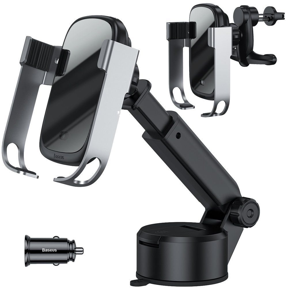 Samochodowy uchwyt grawitacyjny do telefonu Baseus Rock-solid z ładowarką indukcyjną Qi 10W 5 w 1 - srebrny (WXHW01-B0S)