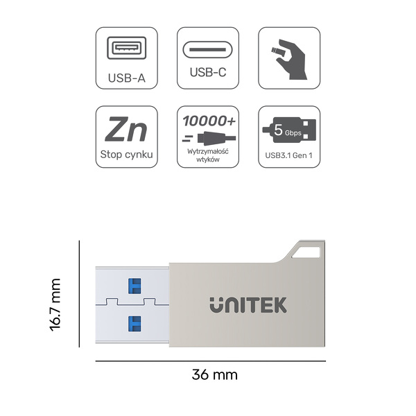 Zdjęcie produktu: Adapter USB-A na USB TYP-C 3.1 Gen1 Unitek (A1034NI)