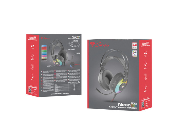 Genesis Neon 600 RGB Czarne, słuchawki dla graczy, stereo, NSG-1656