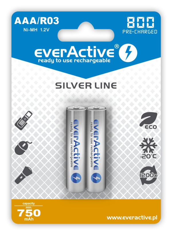 Zdjęcie produktu: everActive R03/AAA 800mAh Silver line - opak. 2 akumulatorki - blister (EVHRL03-800) Zdjęcie produktu: everActive R03/AAA 800mAh Silver line - opak. 2 akumulatorki - blister (EVHRL03-800)