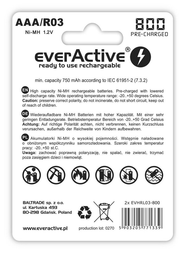 Zdjęcie produktu: everActive R03/AAA 800mAh Silver line - opak. 2 akumulatorki - blister (EVHRL03-800) Zdjęcie produktu: everActive R03/AAA 800mAh Silver line - opak. 2 akumulatorki - blister (EVHRL03-800)
