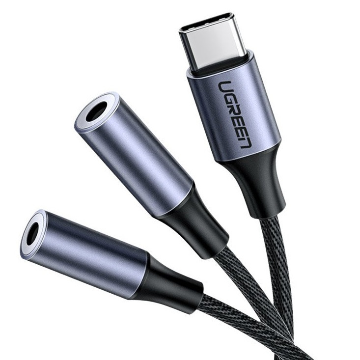 Rozdzielacz audio 2x AUX/Jack 3,5mm UGREEN kabel USB TYP-C, 25cm (srebrny) (30732)