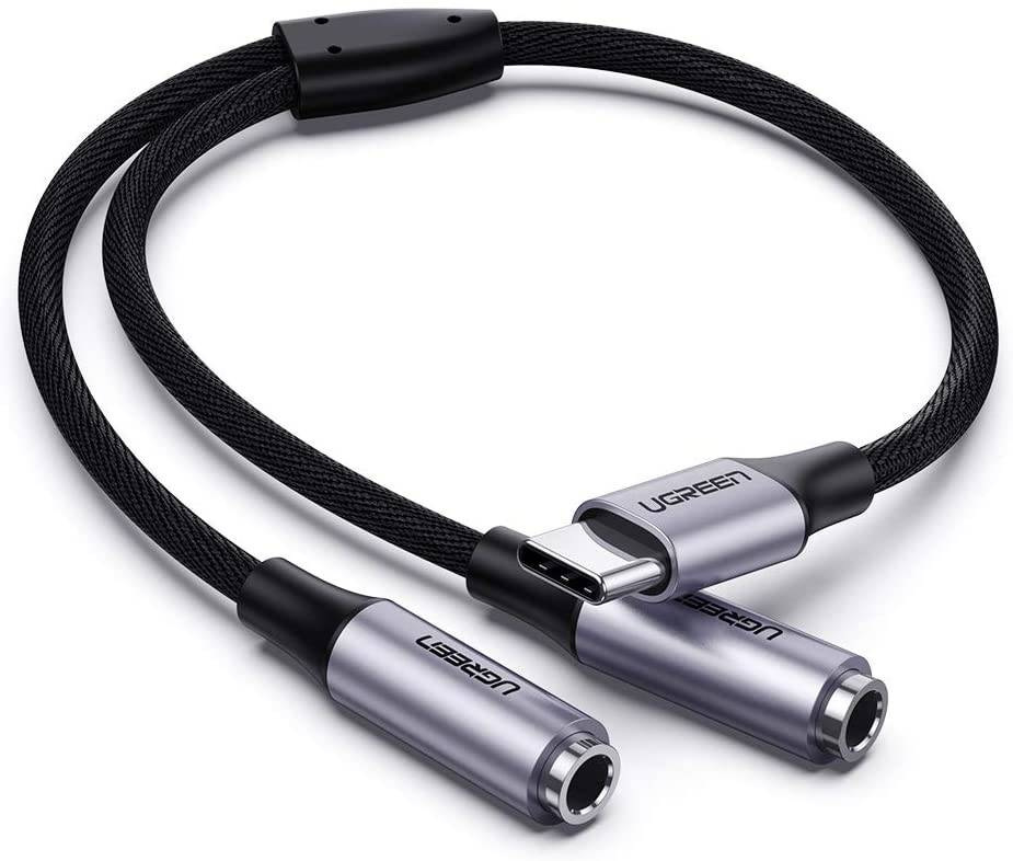 Rozdzielacz audio 2x AUX/Jack 3,5mm UGREEN kabel USB TYP-C, 25cm (srebrny) (30732)