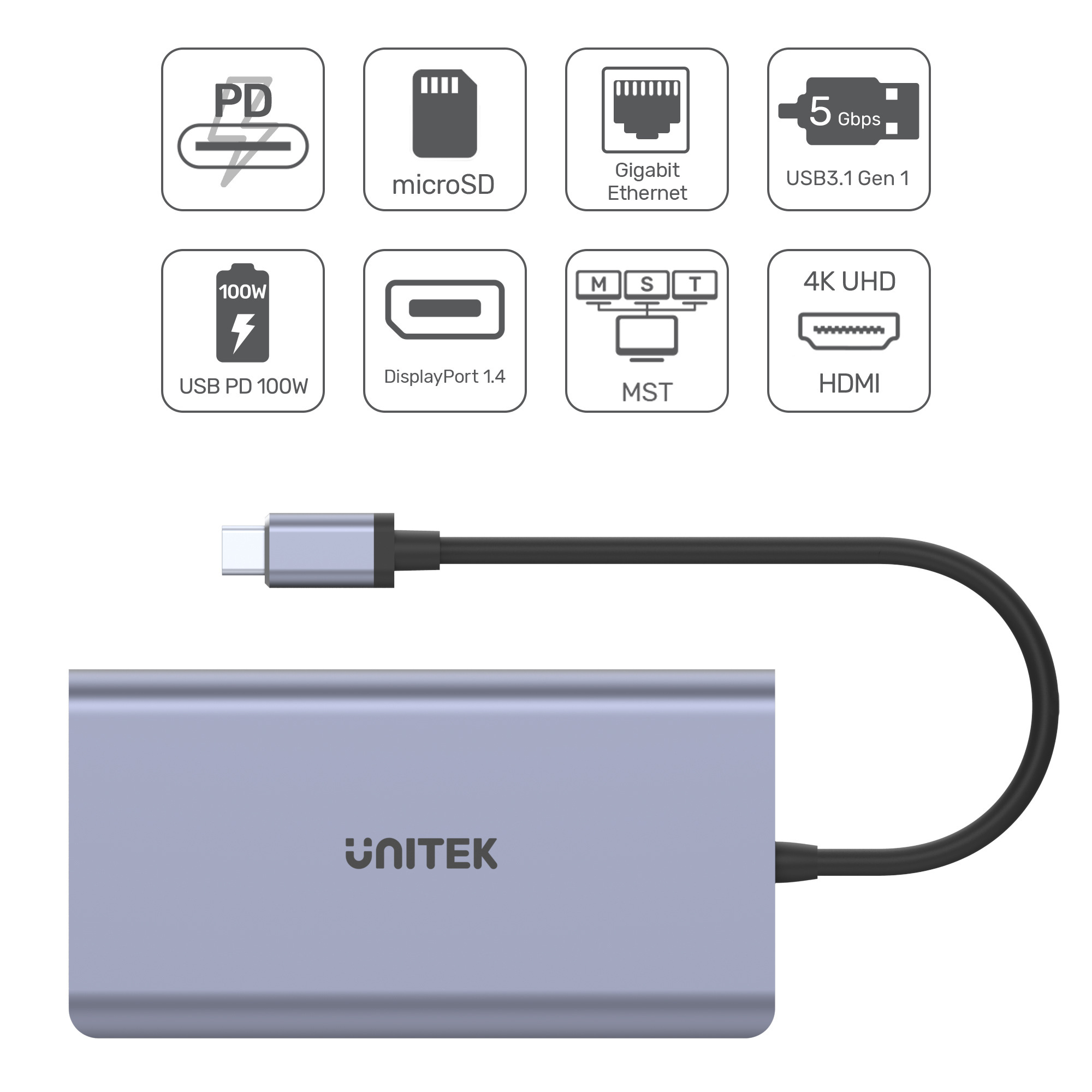Unitek HUB USB TYP-C 2 x USB 3.1 HDMI DP RJ45 czytnikSD (D1056A)