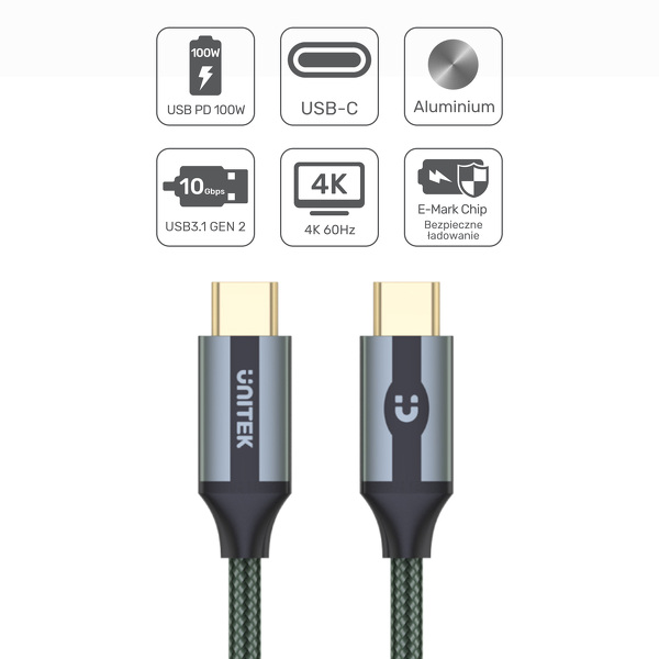Zdjęcie produktu: Unitek Przewód USB Typ-C do USB Typ-C 10Gbps 4K 60Hz 20V/5A oplot (C14079GN) Zdjęcie produktu: Unitek Przewód USB Typ-C do USB Typ-C 10Gbps 4K 60Hz 20V/5A oplot (C14079GN)