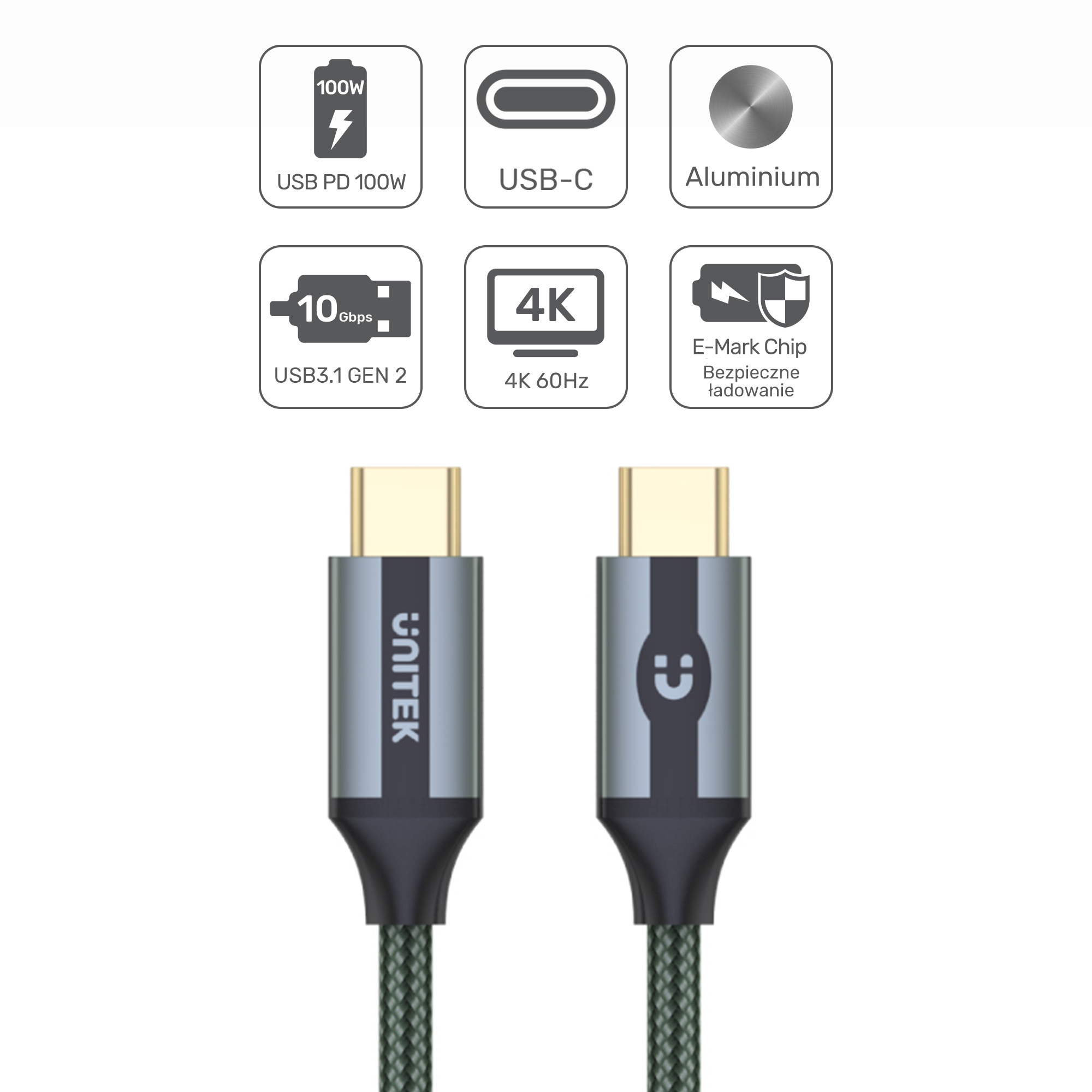 Unitek Przewód USB Typ-C do USB Typ-C 10Gbps 4K 60Hz 20V/5A oplot (C14079GN) Unitek Przewód USB Typ-C do USB Typ-C 10Gbps 4K 60Hz 20V/5A oplot (C14079GN)