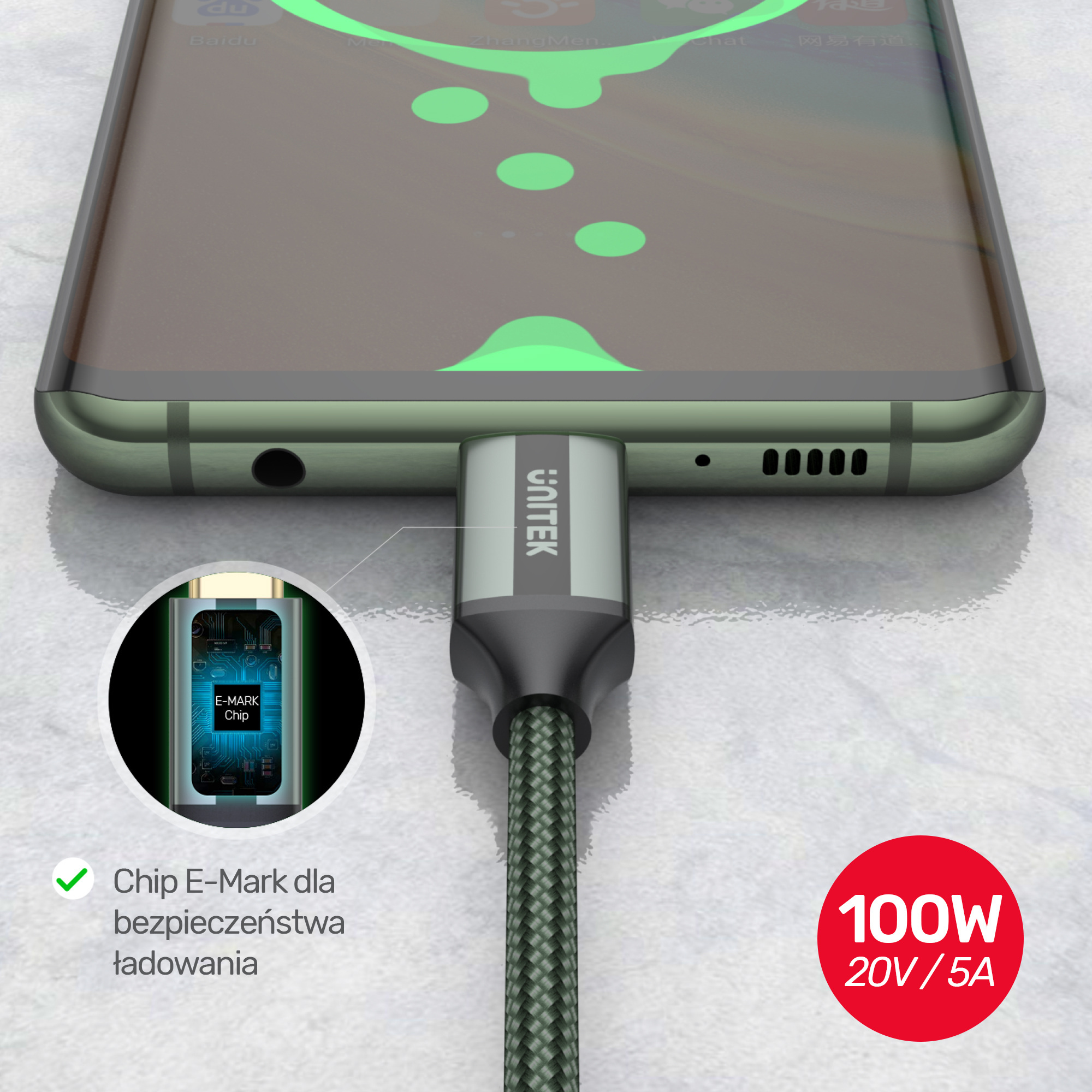 Unitek Przewód USB Typ-C do USB Typ-C 10Gbps 4K 60Hz 20V/5A oplot (C14079GN) Unitek Przewód USB Typ-C do USB Typ-C 10Gbps 4K 60Hz 20V/5A oplot (C14079GN)