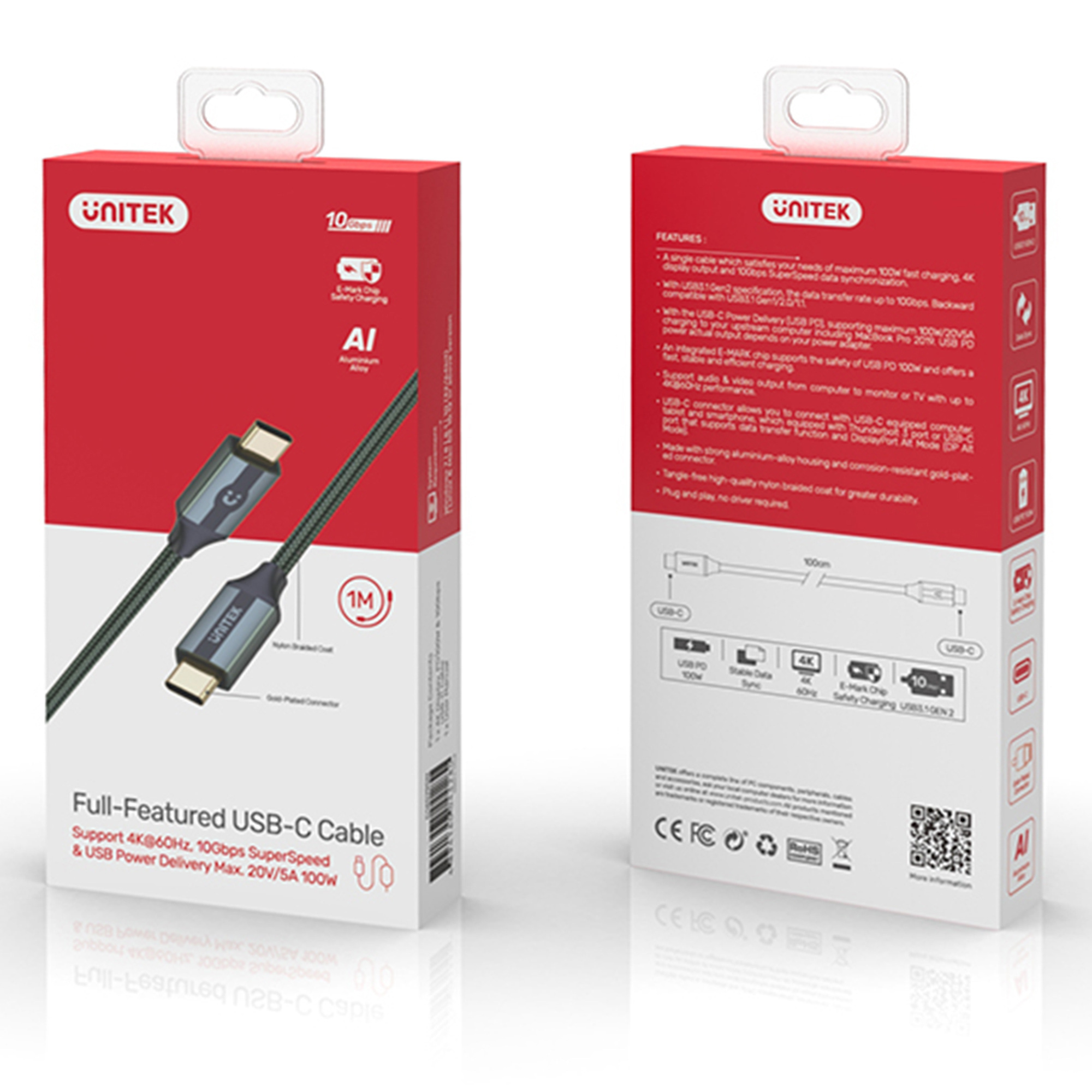 Unitek Przewód USB Typ-C do USB Typ-C 10Gbps 4K 60Hz 20V/5A oplot (C14079GN) Unitek Przewód USB Typ-C do USB Typ-C 10Gbps 4K 60Hz 20V/5A oplot (C14079GN)