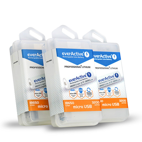 Zdjęcie produktu: Akumulator everActive 18650 3,7V Li-ion 3200mAh micro USB z zabezpieczeniem BOX
