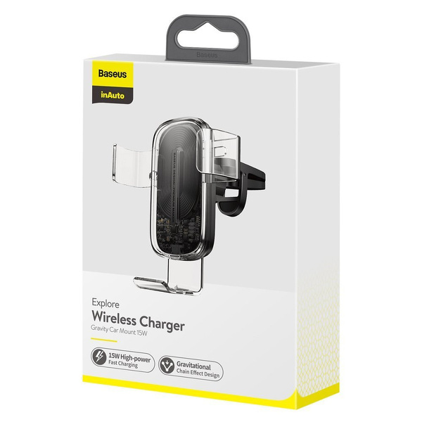 Zdjęcie produktu: Samochodowy uchwyt grawitacyjny do telefonu Baseus Explore z ładowarką indukcyjną Qi 15W - przeźroczysty (WXYL-K02)