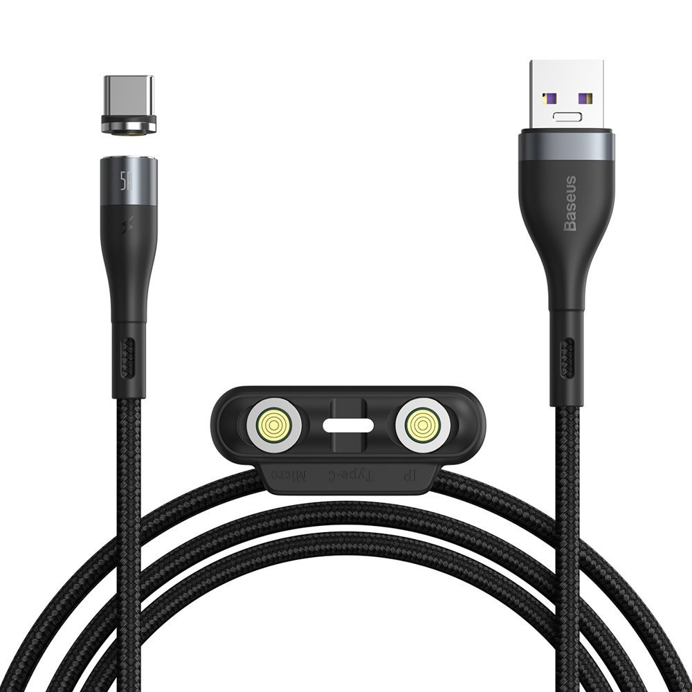 Kabel przewód magnetyczny Baseus Zinc Magnetic Kit micro USB / TYP-C / Lightning 100cm 5A - czarno-szary (CA1T3-BG1)