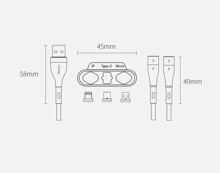 Kabel przewód magnetyczny Baseus Zinc Magnetic Kit micro USB / TYP-C / Lightning 100cm 5A - czarno-szary (CA1T3-BG1)
