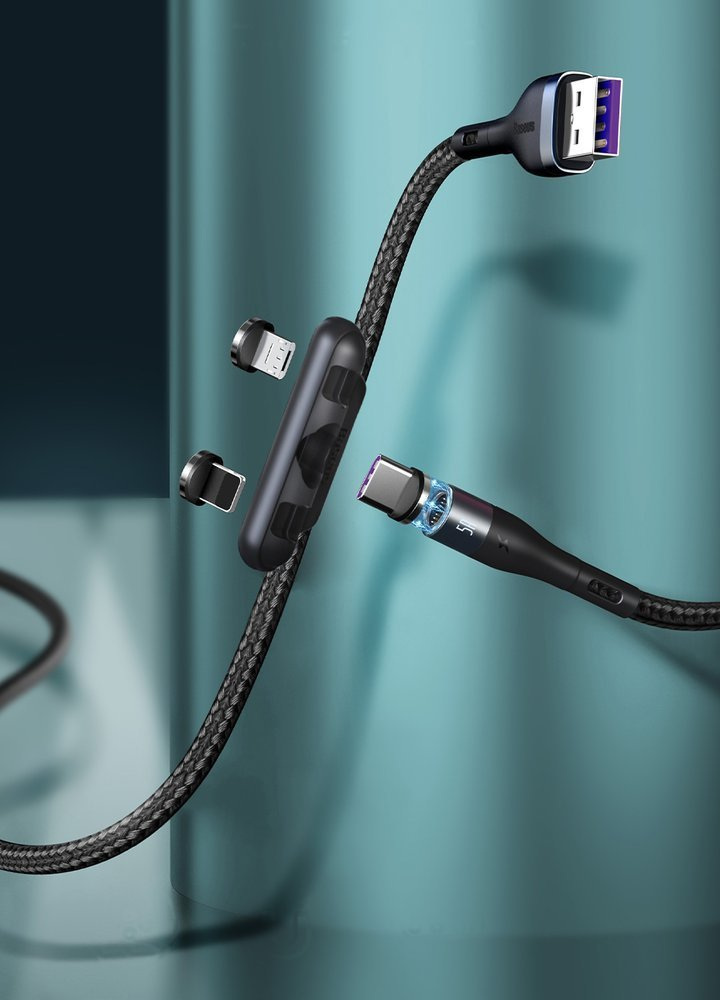 Kabel przewód magnetyczny Baseus Zinc Magnetic Kit micro USB / TYP-C / Lightning 100cm 5A - czarno-szary (CA1T3-BG1)