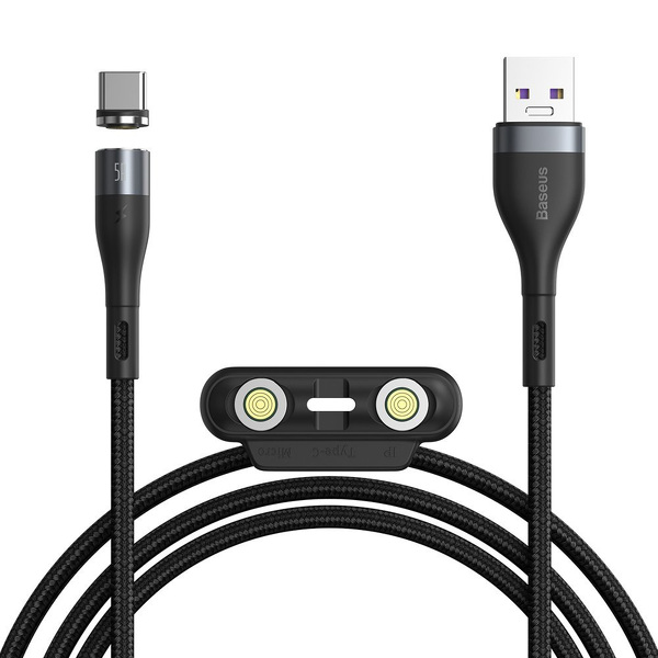 Zdjęcie produktu: Kabel przewód magnetyczny Baseus Zinc Magnetic Kit micro USB / TYP-C / Lightning 100cm 5A - czarno-szary (CA1T3-BG1)