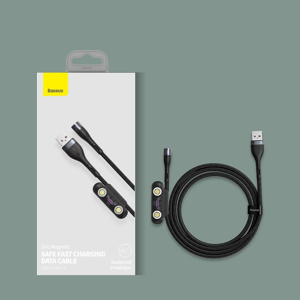 Zdjęcie produktu: Kabel przewód magnetyczny Baseus Zinc Magnetic Kit micro USB / TYP-C / Lightning 100cm 5A - czarno-szary (CA1T3-BG1)