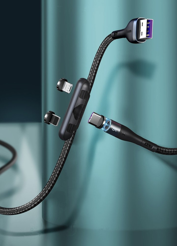 Zdjęcie produktu: Kabel przewód magnetyczny Baseus Zinc Magnetic Kit micro USB / TYP-C / Lightning 100cm 5A - czarno-szary (CA1T3-BG1)