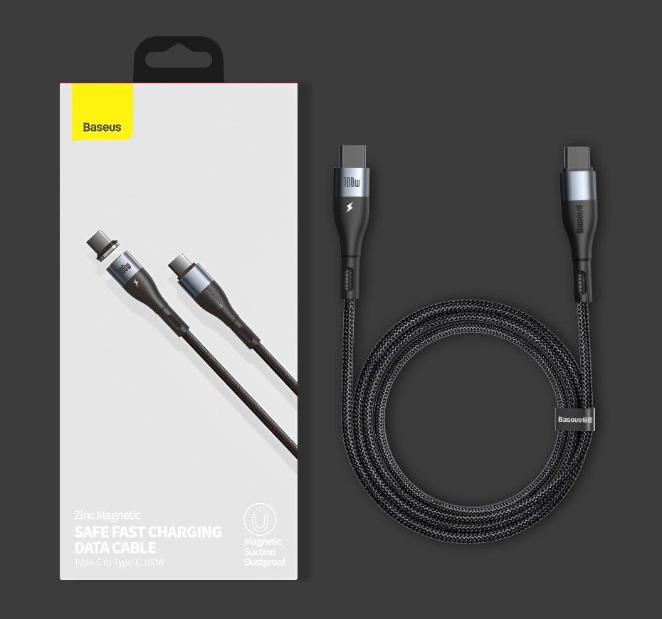 Kabel przewód magnetyczny Baseus Zinc Magnetic USB Typ-C 150cm PD 100W 20V 5A - czarny (CATXC-Q01)