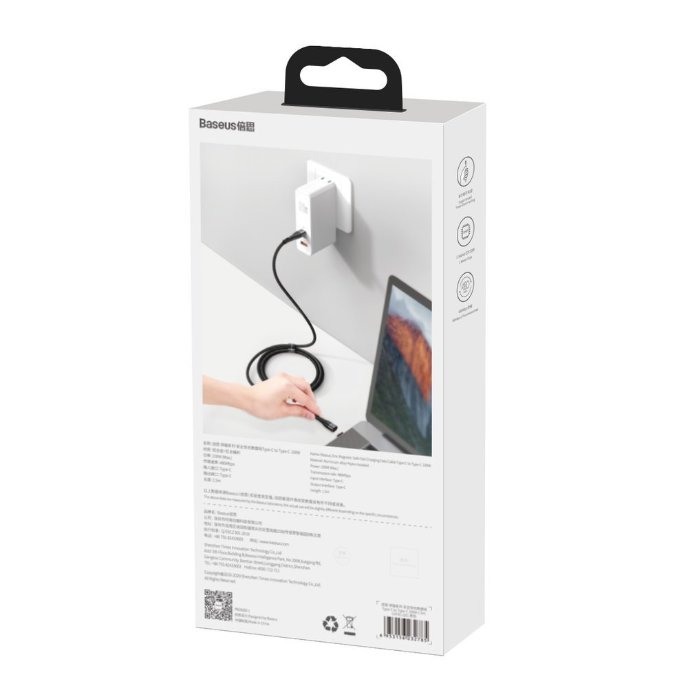 Kabel przewód magnetyczny Baseus Zinc Magnetic USB Typ-C 150cm PD 100W 20V 5A - czarny (CATXC-Q01)