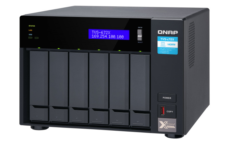 Serwer plików QNAP TVS-672X-i3-8G 8-bay, Intel Core i3-8100T 4-rdzeniowy 3,1 GHz, 8 GB RAM DDR4, 1x 10 GbE, 2x GbE, 2x M.2 2280 PCIe, 5x USB 3.2, HDMI 2.0