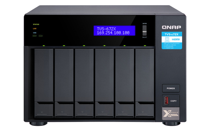 Serwer plików QNAP TVS-672X-i3-8G 8-bay, Intel Core i3-8100T 4-rdzeniowy 3,1 GHz, 8 GB RAM DDR4, 1x 10 GbE, 2x GbE, 2x M.2 2280 PCIe, 5x USB 3.2, HDMI 2.0