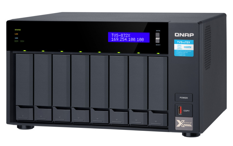 Serwer plików QNAP TVS-872X-i3-8G 8-bay, Intel Core i3-8100T 4-core 3,1 GHz, 8 GB RAM DDR4, 1x 10 GbE, 2x GbE, 2x M.2 2280 PCIe, 5x USB 3.2, HDMI 2.0