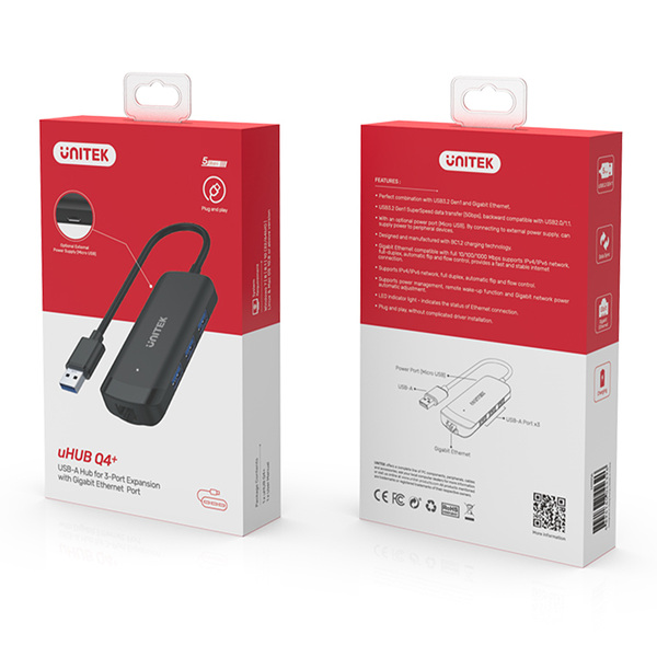 Zdjęcie produktu: Unitek HUB USB 3.1 Gen1 5Gbps 3 porty USB-A + RJ45 (H1111A)