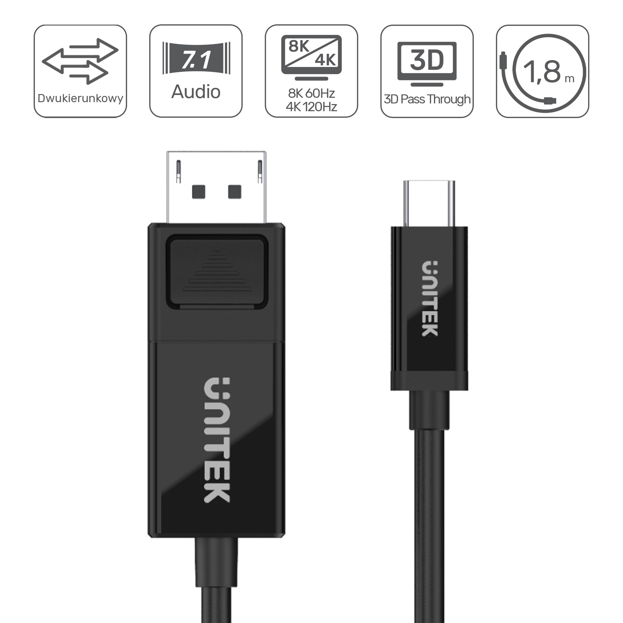 Unitek Przewód dwukierunkowy USB TYP-C / Displayport M 1.4 8K@60Hz 1,8m (V1146A) Unitek Przewód dwukierunkowy USB TYP-C / Displayport M 1.4 8K@60Hz 1,8m (V1146A)