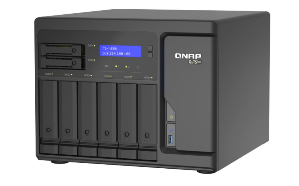 Zdjęcie produktu: Serwer plików QNAP TS-h886-D1622-16G rozbudowany do 32G 8-bay; Intel Xeon D-1622 dual-core 2.6 GHz /3.2 GHz; 32 GB UDIMM DDR4 ECC; 2 x M.2 22110/2280 NVMe; 4x 2,5 Gbe; 3x Port USB 3.2 Gen 1; 2x PCIe Zdjęcie produktu: Serwer plików QNAP TS-h886-D1622-16G rozbudowany do 32G 8-bay; Intel Xeon D-1622 dual-core 2.6 GHz /3.2 GHz; 32 GB UDIMM DDR4 ECC; 2 x M.2 22110/2280 NVMe; 4x 2,5 Gbe; 3x Port USB 3.2 Gen 1; 2x PCIe
