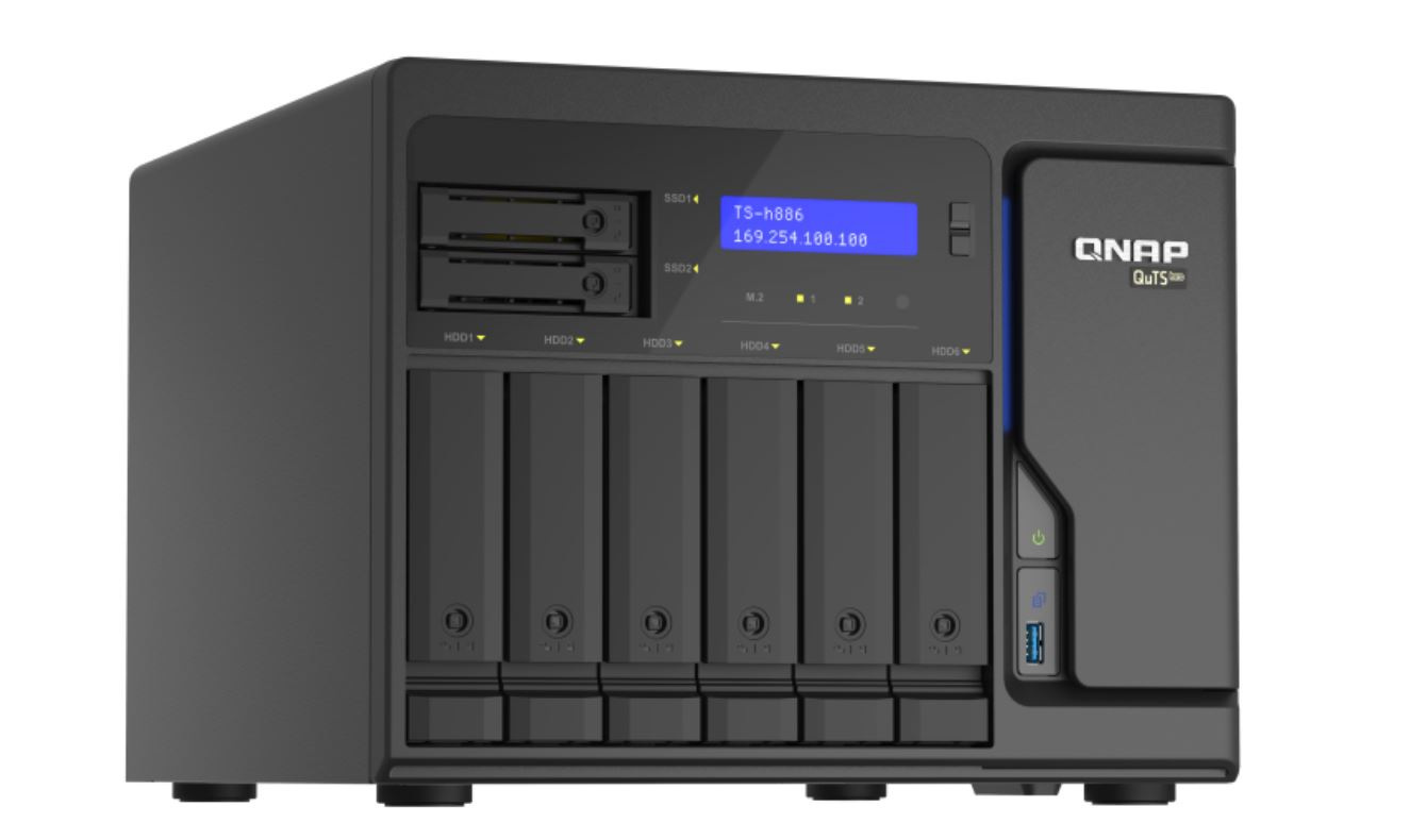 Serwer plików QNAP TS-h886-D1622-16G rozbudowany do 32G 8-bay; Intel Xeon D-1622 dual-core 2.6 GHz /3.2 GHz; 32 GB UDIMM DDR4 ECC; 2 x M.2 22110/2280 NVMe; 4x 2,5 Gbe; 3x Port USB 3.2 Gen 1; 2x PCIe Serwer plików QNAP TS-h886-D1622-16G rozbudowany do 32G 8-bay; Intel Xeon D-1622 dual-core 2.6 GHz /3.2 GHz; 32 GB UDIMM DDR4 ECC; 2 x M.2 22110/2280 NVMe; 4x 2,5 Gbe; 3x Port USB 3.2 Gen 1; 2x PCIe