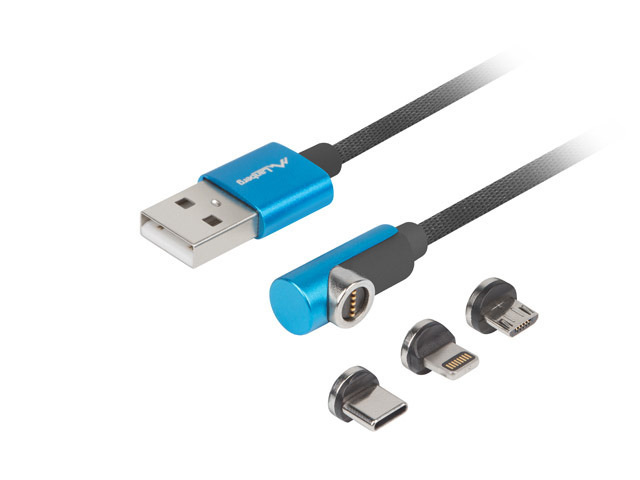 Lanberg Kabel Combo USB-A(M)->USB Micro(M)+Lightning(M)+USB-C(M) 2.0 1m Czarno-Niebieski Kątowy QC 3.0 Magnetyczny