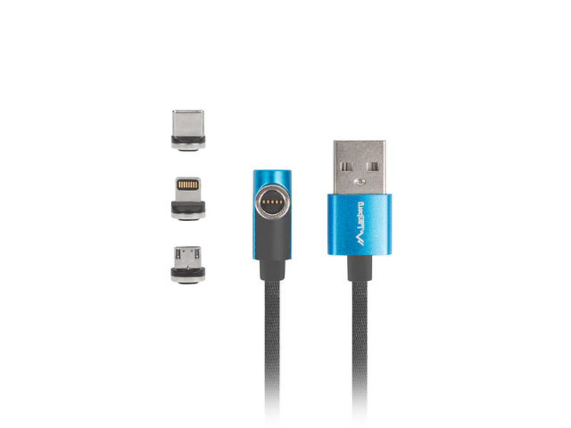 Zdjęcie produktu: Lanberg Kabel Combo USB-A(M)->USB Micro(M)+Lightning(M)+USB-C(M) 2.0 1m Czarno-Niebieski Kątowy QC 3.0 Magnetyczny