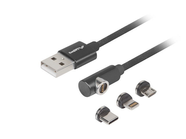 Lanberg Kabel Combo USB-A(M)->USB Micro(M)+Lightning(M)+USB-C(M) 2.0 1m Czarny Kątowy QC 3.0 Magnetyczny