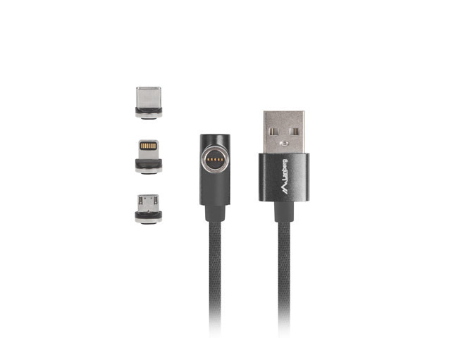 Lanberg Kabel Combo USB-A(M)->USB Micro(M)+Lightning(M)+USB-C(M) 2.0 1m Czarny Kątowy QC 3.0 Magnetyczny