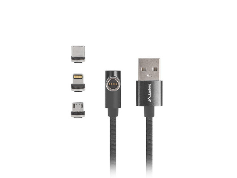 Zdjęcie produktu: Lanberg Kabel Combo USB-A(M)->USB Micro(M)+Lightning(M)+USB-C(M) 2.0 1m Czarny Kątowy QC 3.0 Magnetyczny