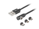 Miniatura zdjęcia: Lanberg Kabel Combo USB-A(M)->USB Micro(M)+Lightning(M)+USB-C(M) 2.0 1m Czarny Kątowy QC 3.0 Magnetyczny