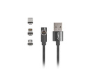 Miniatura zdjęcia: Lanberg Kabel Combo USB-A(M)->USB Micro(M)+Lightning(M)+USB-C(M) 2.0 1m Czarny Kątowy QC 3.0 Magnetyczny